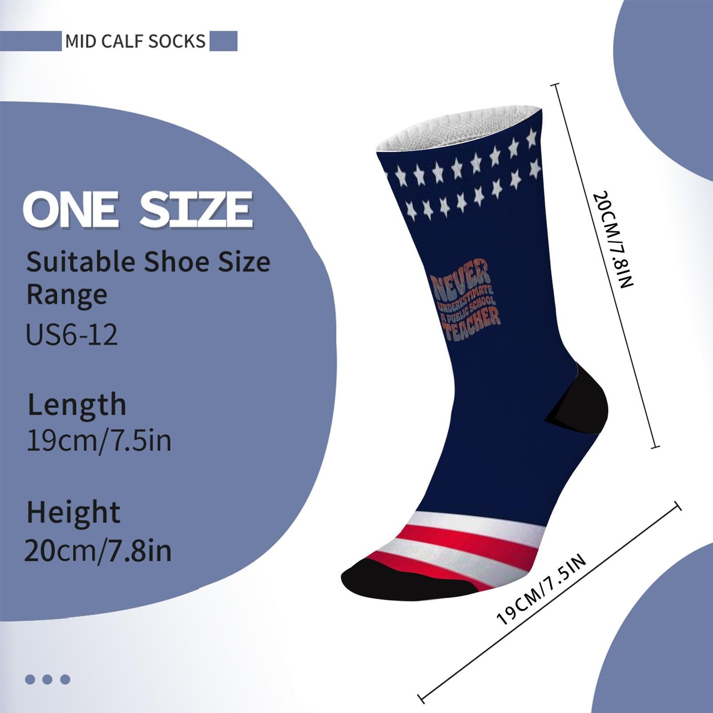 Never Underestimate a public school teacher Retros Groovy Socks for Men Half Calf Sock Colorful Fancy Crazy Design socks Unisex Novelty Gifts for Men