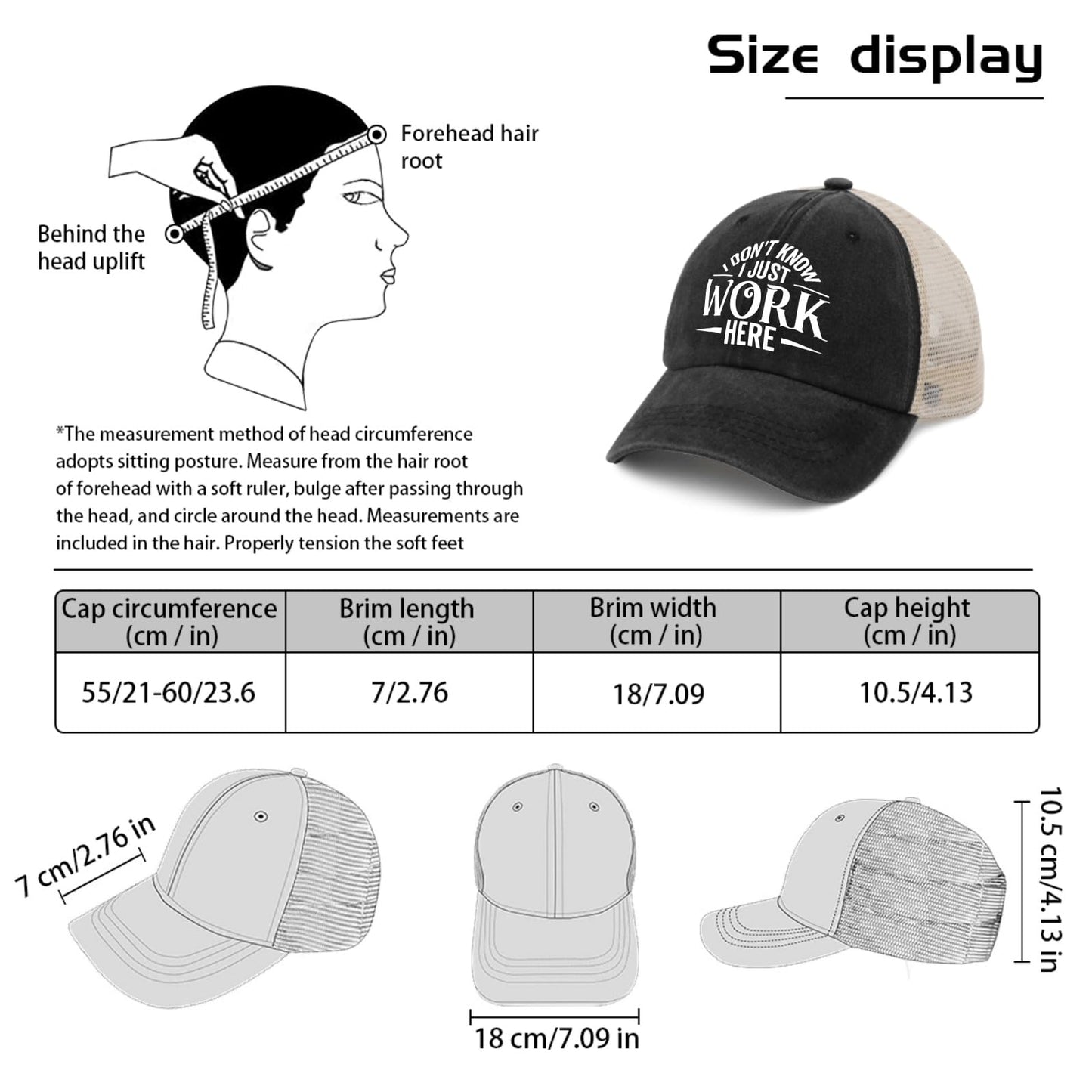 Generic I Don't Know I Just Work Here Baseball Cap Cute Hat AllBlack Womens Trucker Hat Gifts for Girlfriends Outdoor Cap