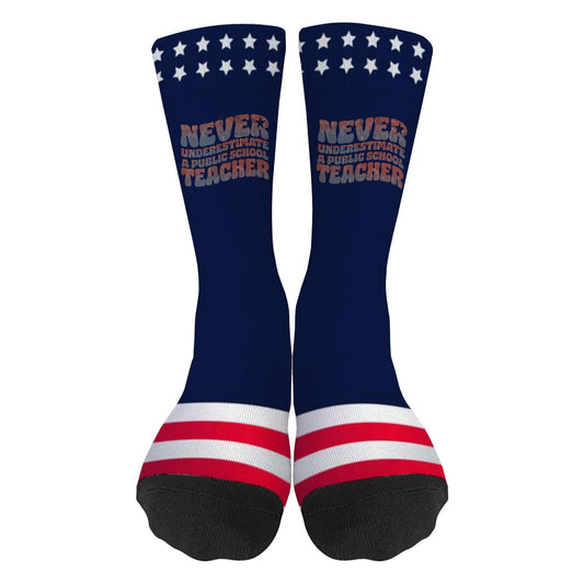 Never Underestimate a public school teacher Retros Groovy Socks for Men Half Calf Sock Colorful Fancy Crazy Design socks Unisex Novelty Gifts for Men