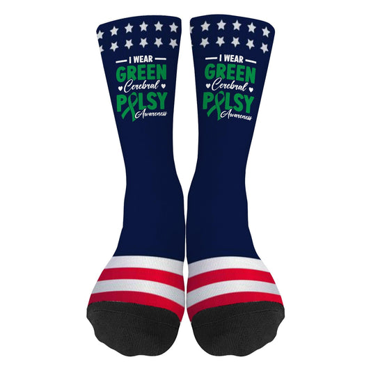 Green Cerebral Palsy Awareness Ribbon Support Socks: Colorful Half Calf Design