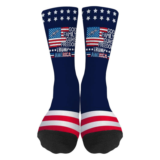 God Family Guns and Freedom Pro Trump 2024 Socks for Men Half Calf Sock Colorful Fancy Crazy Design socks Unisex Novelty Gifts for Grandpa