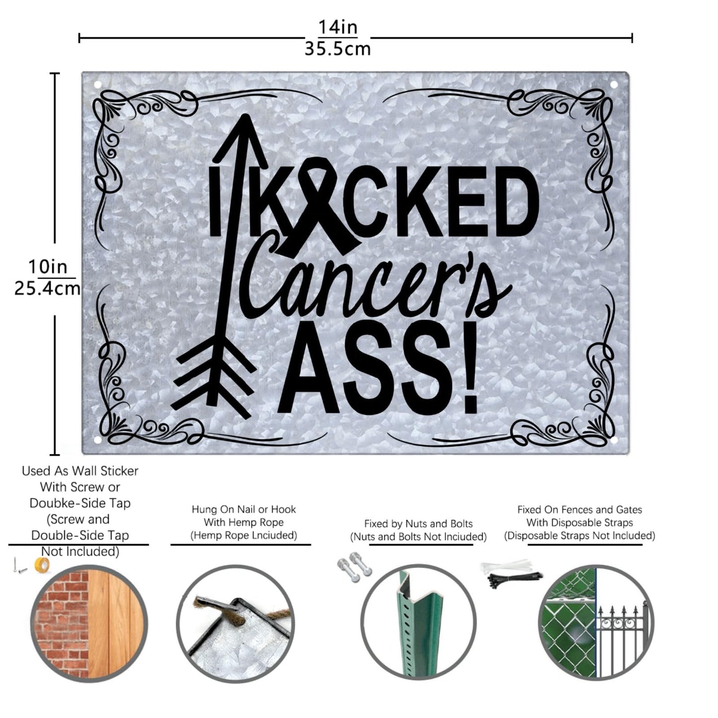 Generic I Kicked Cancers Ass Breast Cancer Awareness Galvanized Bar Signs Room Decor For Farm One Size