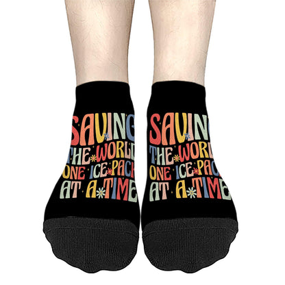 Saving The World One Ice Pack At Time School Nurse Week Men Ankle Socks Low Cut Socks For Men's