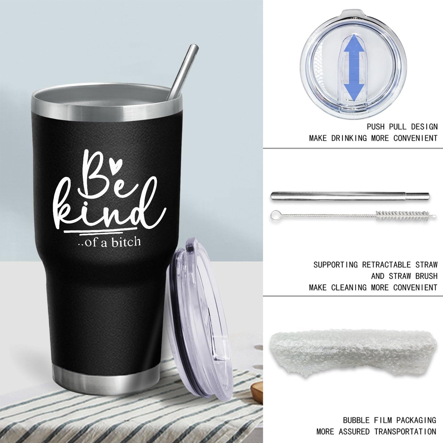 Be Kind Coffee Tumbler: Lid & Straw. Perfect for Students, Office, Gym.